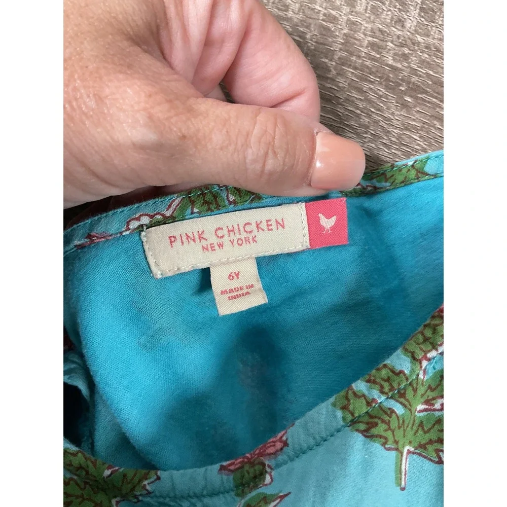 Pink Chicken Girls Dress Blue Floral Block Print Back Bow Size 6Y